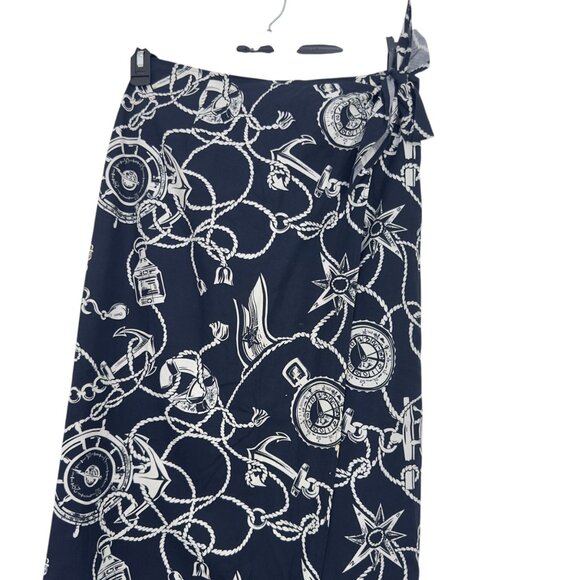 Talbots Vintage Womens Nautical Navy-White Print Wrap Midi Skirt Size 4 Tie Wais - Picture 13 of 15